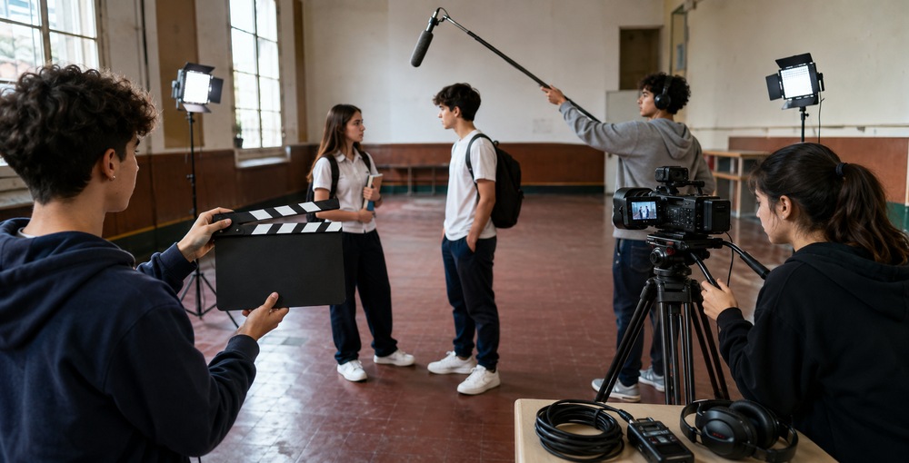 Estudiantes porteños participan en el rodaje de un cortometraje escolar con cámara, trípode, micrófono, luces y claqueta.