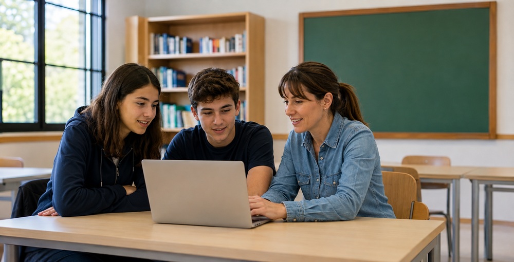 Estudiantes junto a una docente realizan la inscripción para ingresar a las secundarias bilingües porteñas desde una computadora.