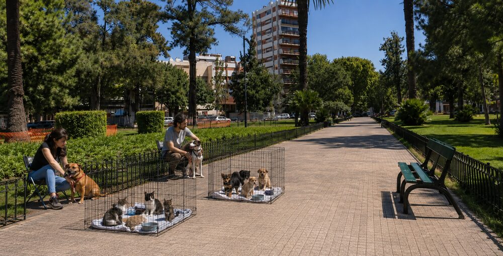 Campaña de adopción en Plaza Arenales con gatos y cachorros alojados en caniles separados, perros adultos con correa y cuidadores sentados sobre el lateral de la vereda.