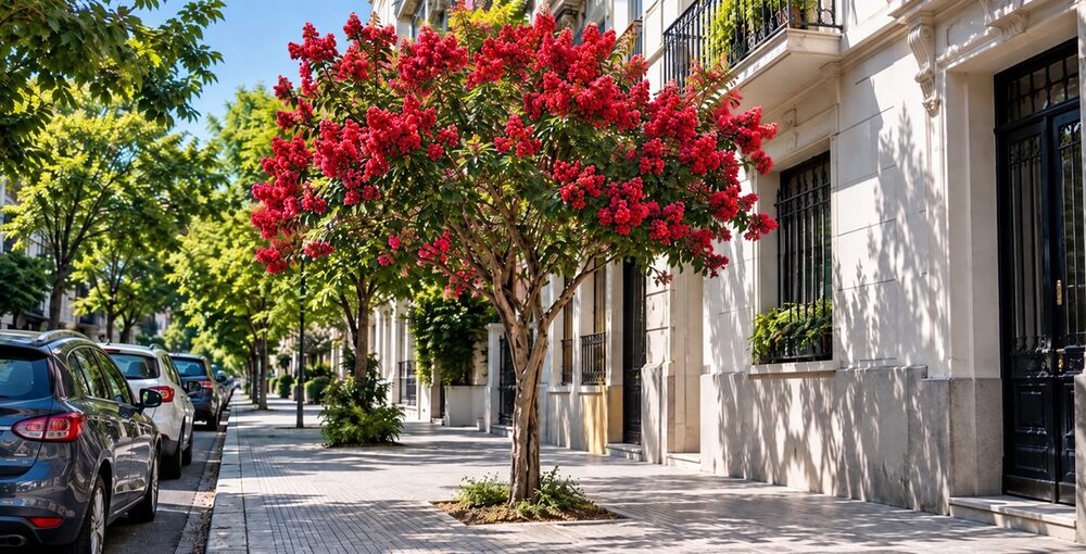 Crespón cubierto de intensas flores rojizas plantado en una vereda residencial de la Ciudad de Buenos Aires durante un día soleado.