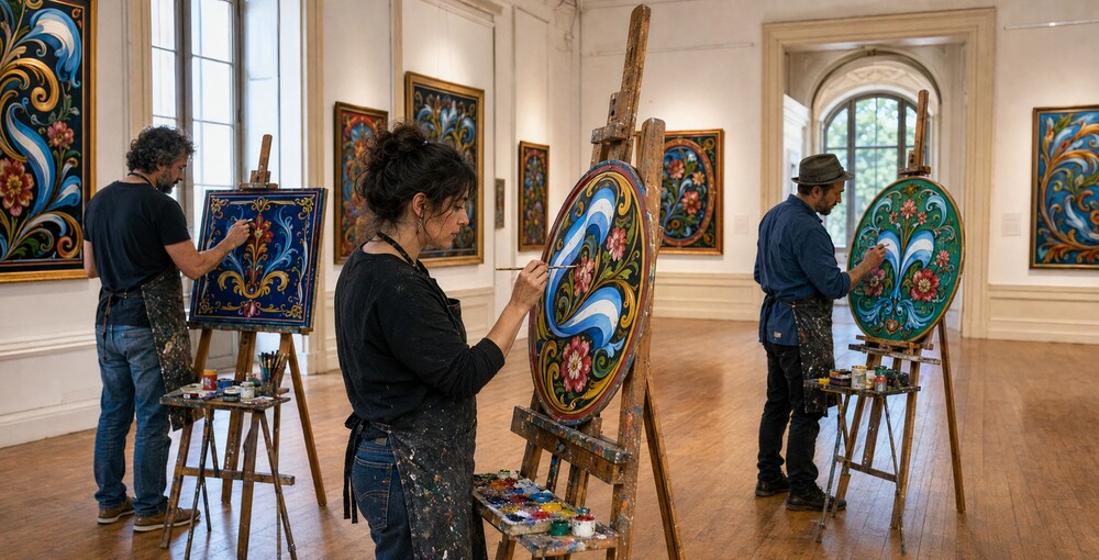 Tres fileteadores pintan obras diferentes en una amplia sala de museo rodeada de cuadros con flores, ornamentos y composiciones de colores.