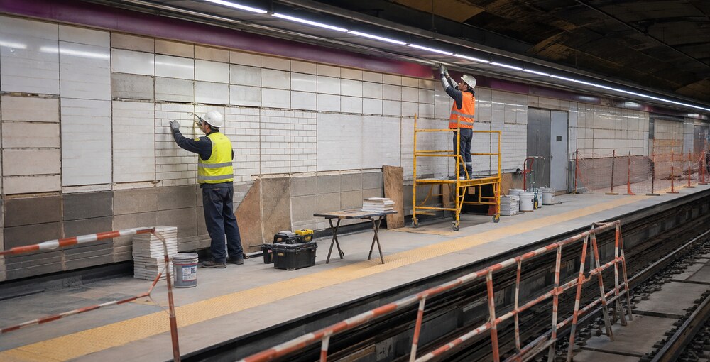 Operarios realizan obras de renovación en el andén de una estación del Subte de Buenos Aires.