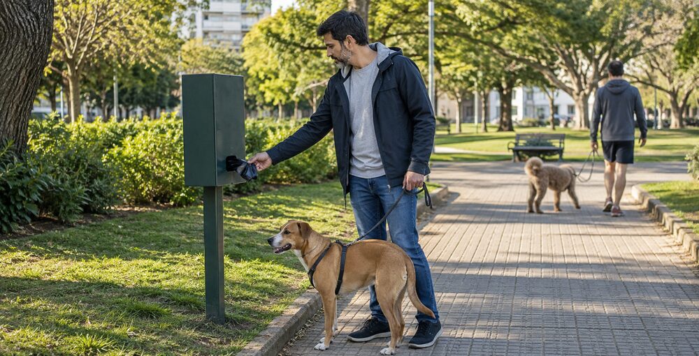 Vecino retira una bolsa de una expendedora para mascotas mientras pasea a su perro por una plaza porteña.