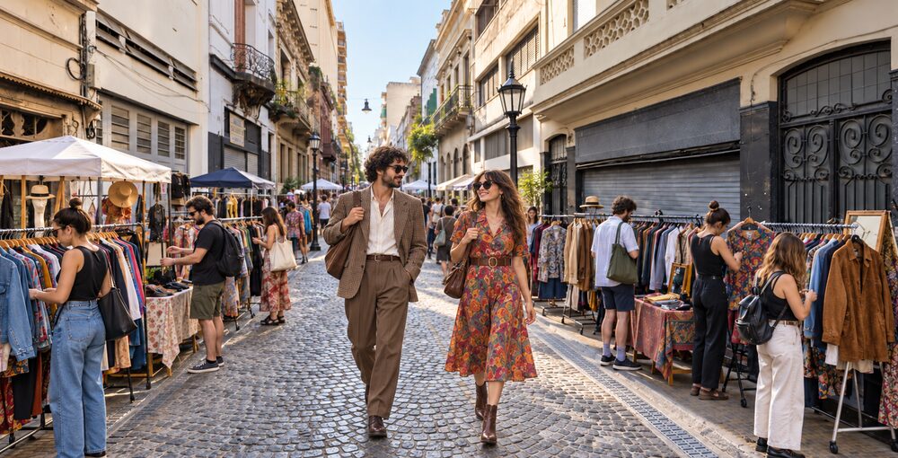 Feria de moda vintage y circular con puestos de ropa y dos personas modelando en la calle Bolívar, en el barrio porteño de San Telmo
