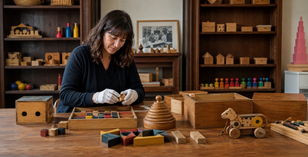 Especialista preservando juguetes y materiales pedagógicos de una ludoteca histórica vinculada al Instituto Sara Eccleston.
