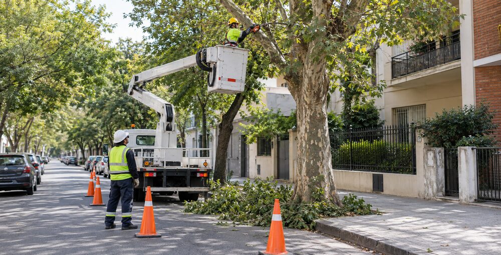 Poda de árboles en la Ciudad de Buenos Aires realizada por operarios especializados con equipamiento de altura en una calle porteña