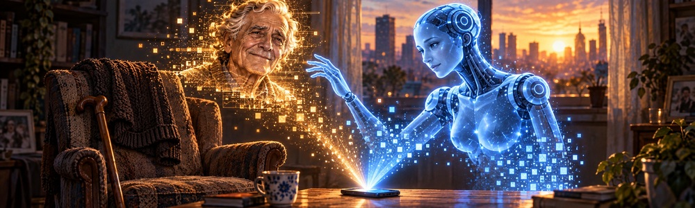 Alma contempla la sonrisa digital de Martín, reconstruida con partículas de luz sobre su silla vacía después de su muerte.